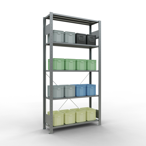 SCHULTE Grundregal, Fachbodenregal Stecksystem MULTIplus150, 2000 x 1000 x 300 mm (HxBxT), 5 Fachböden, Kreuzstrebe, verzinkt