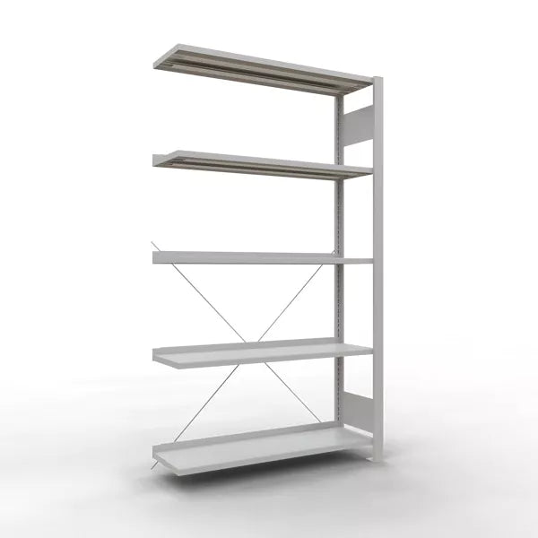 SCHULTE Anbauregal, Büro-Fachbodenregal Stecksystem MULTIplus85, 1800 x 1000 x 300 mm (HxBxT), 5 Fachböden, Kreuzstrebe, verzinkt, mit Anschlagleiste
